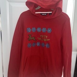 Lands End L Size 14-16 Red Fleece Hooded Sweatshirt Merry Christmas Embroidered
